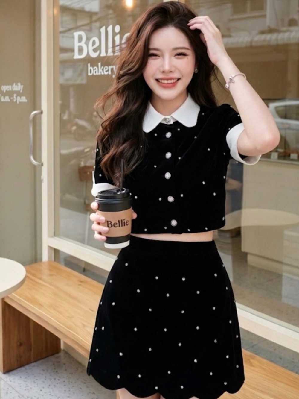 Chic Rhinestone Embellished Two Piece Matching Coord Set Crop Top & Mini Skirt 💎